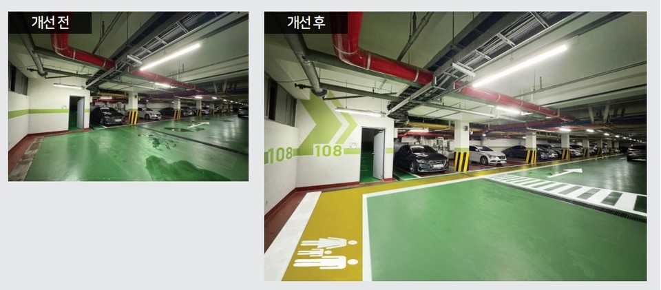 공동주택 지하주차장 보행로 확보 개선 전(왼쪽)과 개선 후/사진=안심주차장 디자인 참고 자료집
